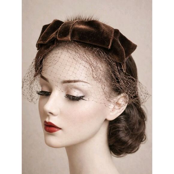 Unbranded Accessories - Vtg Mink Fur Brown Velvet Bow Veil Fascinator Hat Open Crown Pill Box 1940s